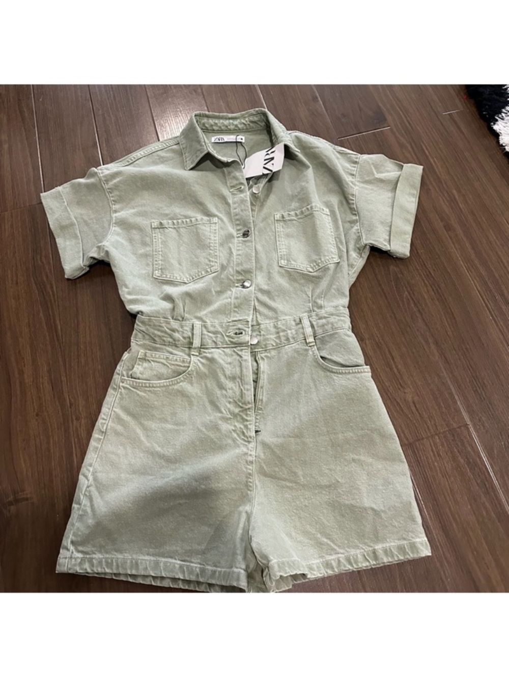 Zara Sage Green Denim Short Sleeve Romper